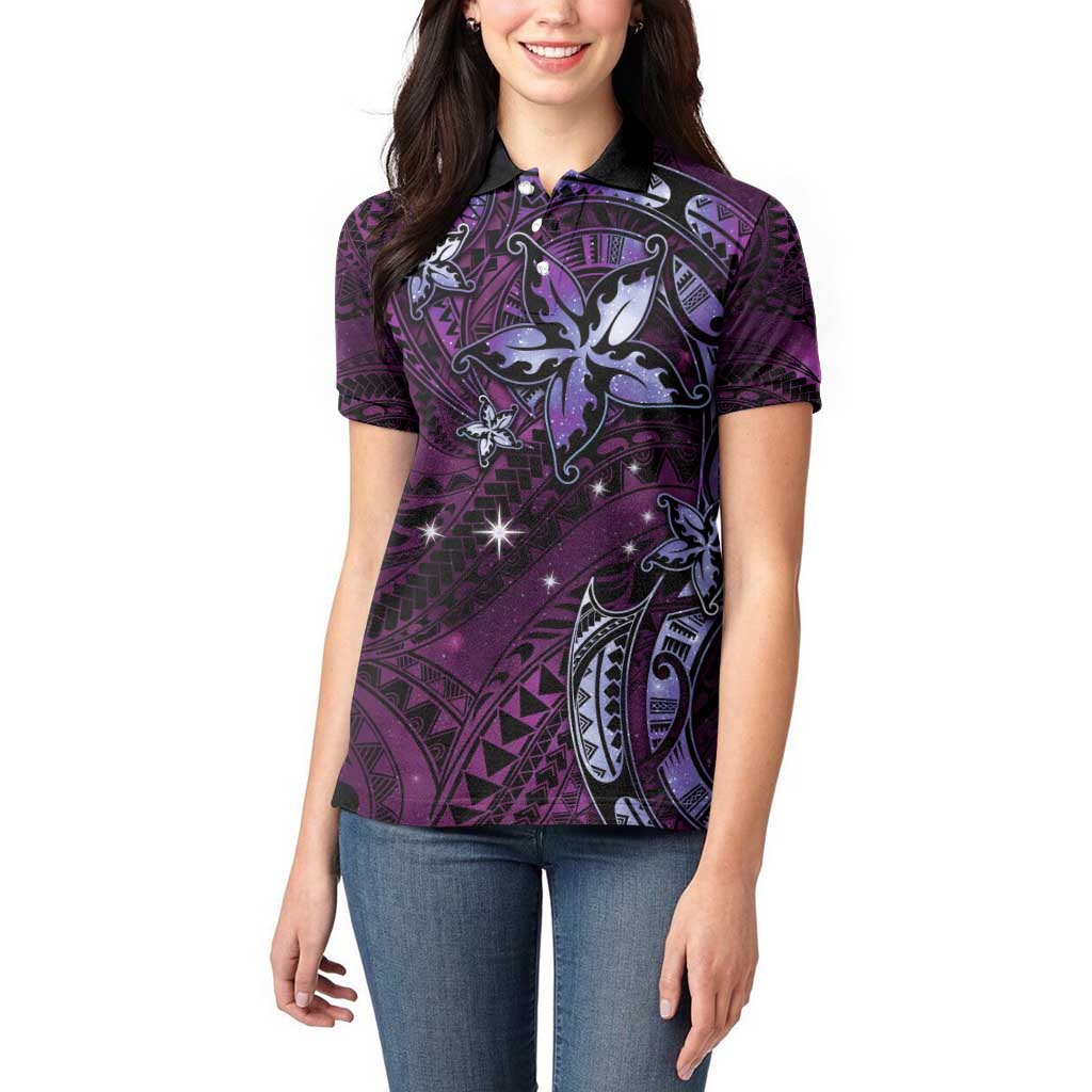 Hawaii Makahiki Season Women Polo Shirt Floral Tribal Tattoo Purple Galaxy LT05 - Polynesian Pride