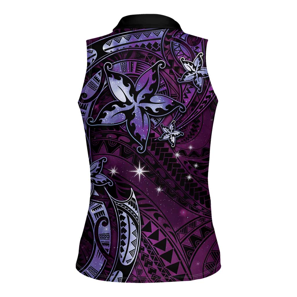 Hawaii Makahiki Season Women Sleeveless Polo Shirt Floral Tribal Tattoo Purple Galaxy