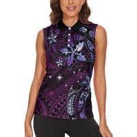 Hawaii Makahiki Season Women Sleeveless Polo Shirt Floral Tribal Tattoo Purple Galaxy