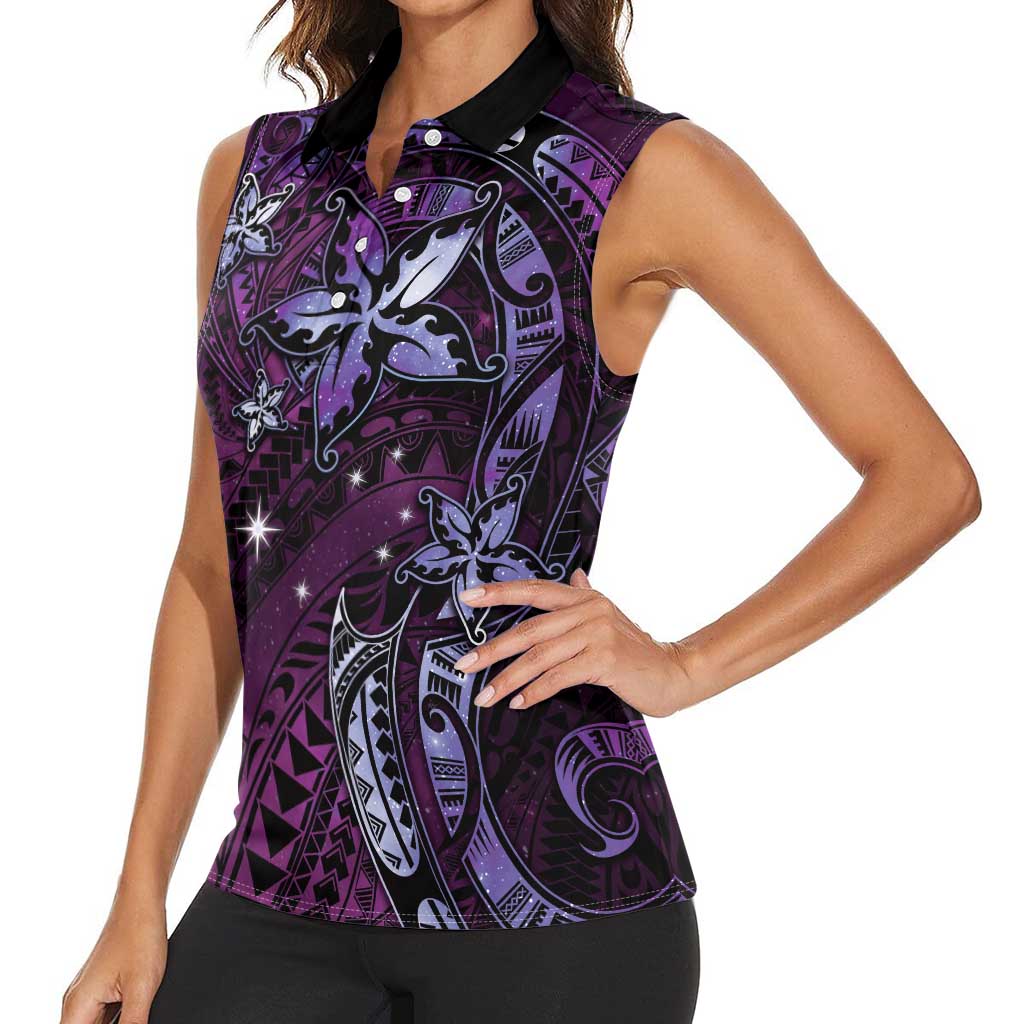 Hawaii Makahiki Season Women Sleeveless Polo Shirt Floral Tribal Tattoo Purple Galaxy