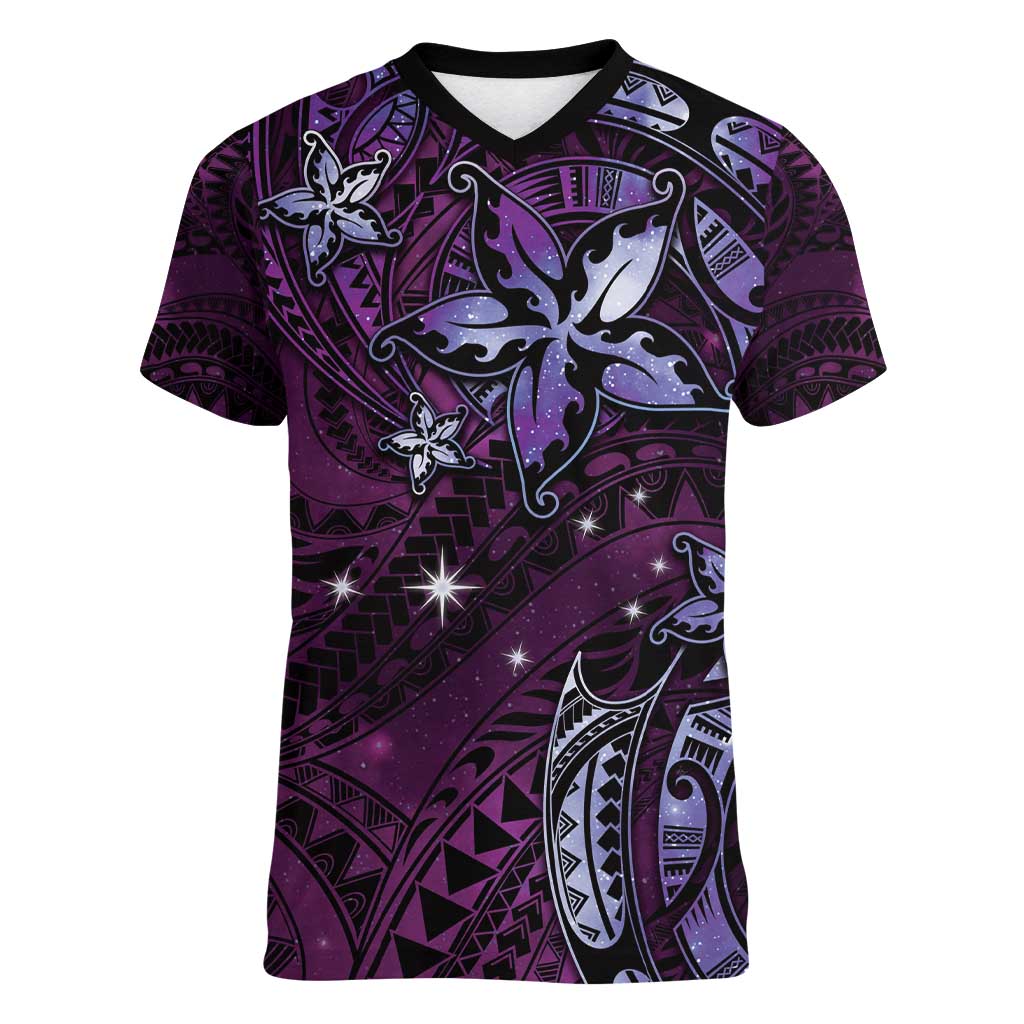 Hawaii Makahiki Season Women V-Neck T-Shirt Floral Tribal Tattoo Purple Galaxy