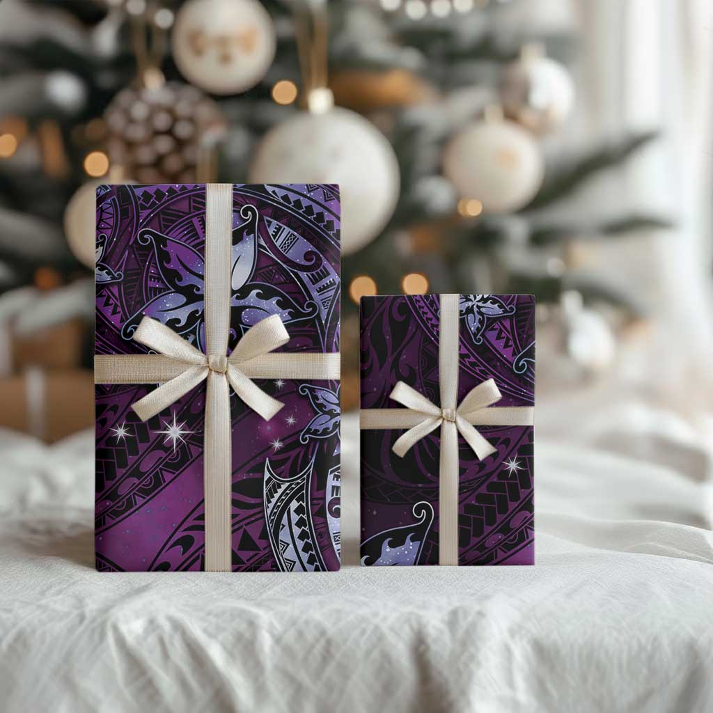 Hawaii Makahiki Season Wrapping Paper Floral Tribal Tattoo Purple Galaxy - Polynesian Pride