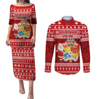 Personalized Tonga Christmas Couples Matching Puletasi Dress and Long Sleeve Button Shirts Kilisimasi Fiefia Santas Coat Of Arms LT05 Red - Polynesian Pride