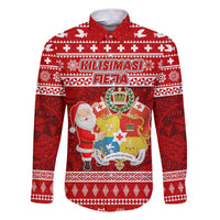 Personalized Tonga Christmas Family Matching Off Shoulder Long Sleeve Dress and Hawaiian Shirt Kilisimasi Fiefia Santas Coat Of Arms LT05 Dad's Shirt - Long Sleeve Red - Polynesian Pride