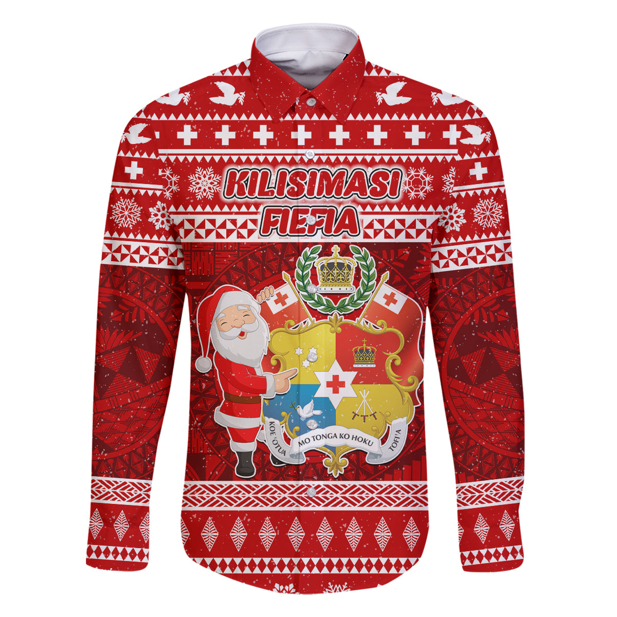 Personalized Tonga Christmas Family Matching Off Shoulder Maxi Dress and Hawaiian Shirt Kilisimasi Fiefia Santas Coat Of Arms LT05 Dad's Shirt - Long Sleeve Red - Polynesian Pride