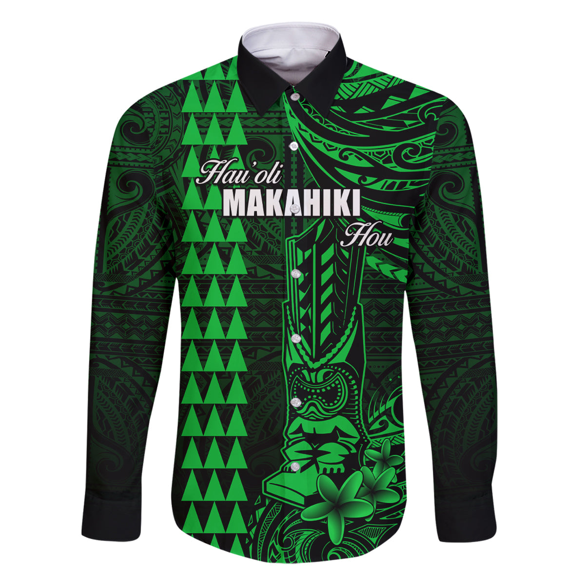 Personalized Hawaii Hauoli Makahiki Hou Family Matching Tank Maxi Dress and Hawaiian Shirt Lono Hawaiian God Kakau Polynesian Tribal Green LT05 Dad's Shirt - Long Sleeve Green - Polynesian Pride
