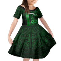 Personalized Hawaii Hauoli Makahiki Hou Kid Short Sleeve Dress Lono Hawaiian God Kakau Polynesian Tribal Green LT05 KID Green - Polynesian Pride