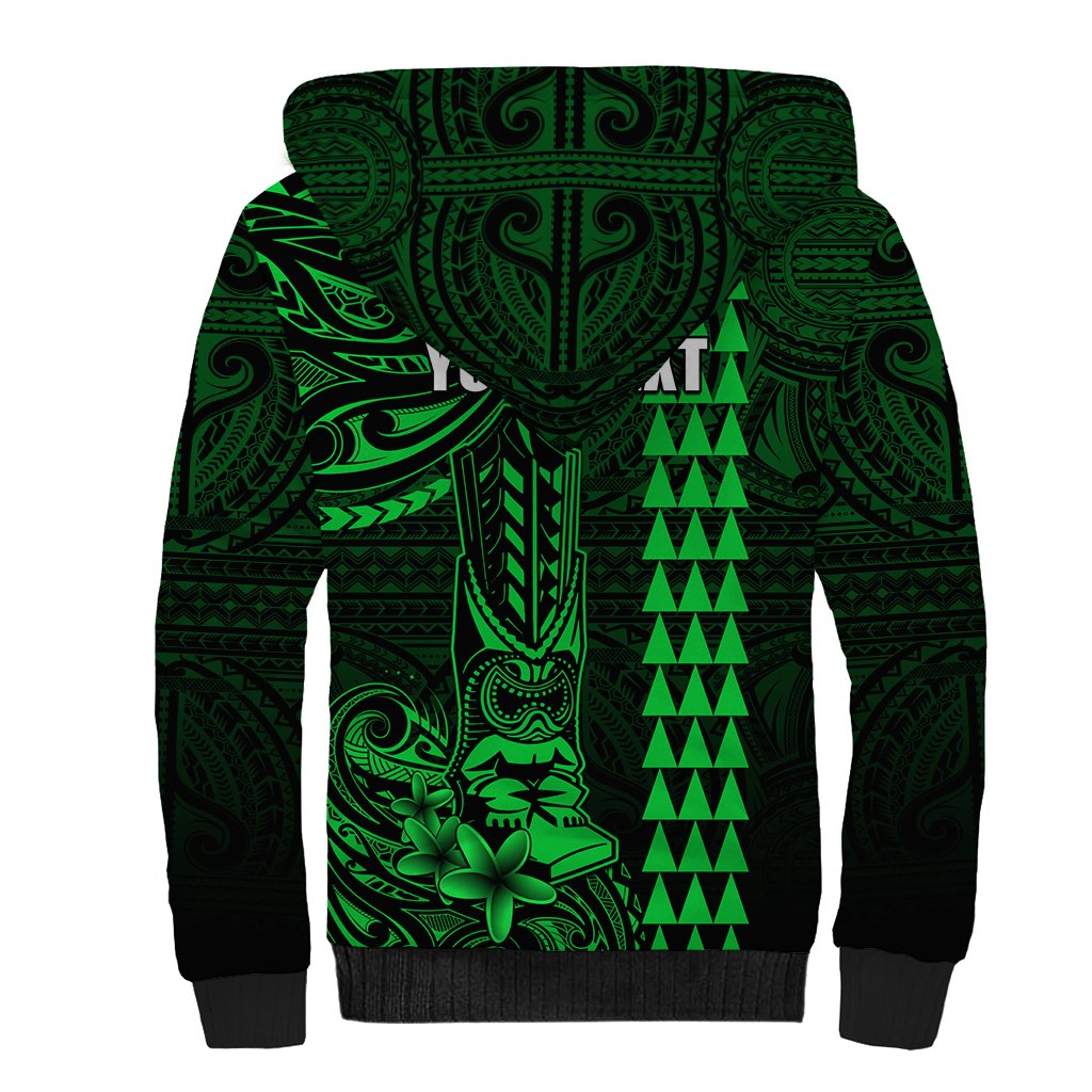 Personalized Hawaii Hauoli Makahiki Hou Sherpa Hoodie Lono Hawaiian God Kakau Polynesian Tribal Green LT05 - Polynesian Pride