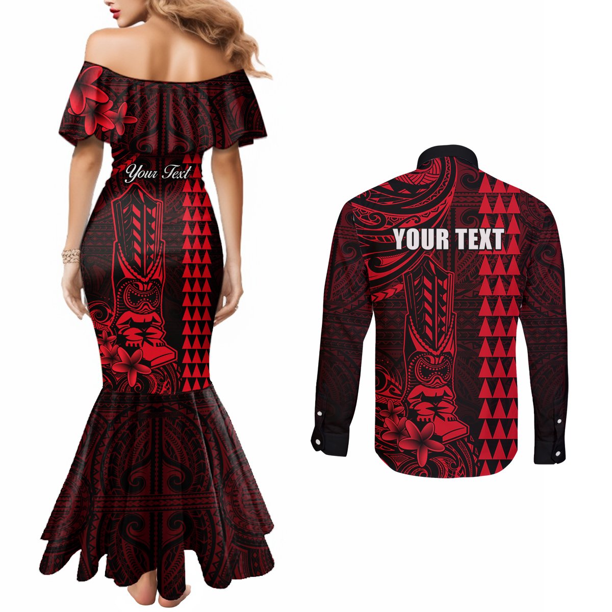 Personalized Hawaii Hauoli Makahiki Hou Couples Matching Mermaid Dress and Long Sleeve Button Shirts Lono Hawaiian God Kakau Polynesian Tribal Red LT05 - Polynesian Pride
