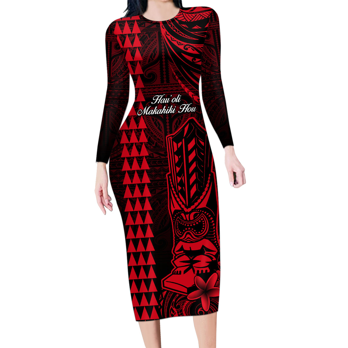 Personalized Hawaii Hauoli Makahiki Hou Family Matching Long Sleeve Bodycon Dress and Hawaiian Shirt Lono Hawaiian God Kakau Polynesian Tribal Red LT05 Mom's Dress Red - Polynesian Pride