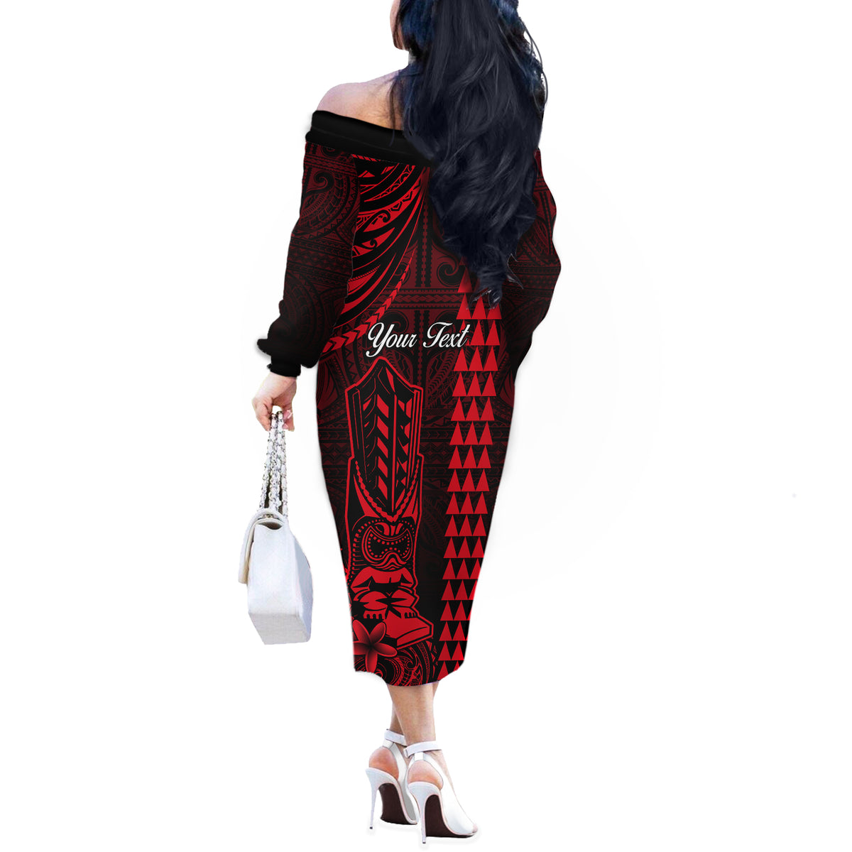 Personalized Hawaii Hauoli Makahiki Hou Off The Shoulder Long Sleeve Dress Lono Hawaiian God Kakau Polynesian Tribal Red LT05 - Polynesian Pride