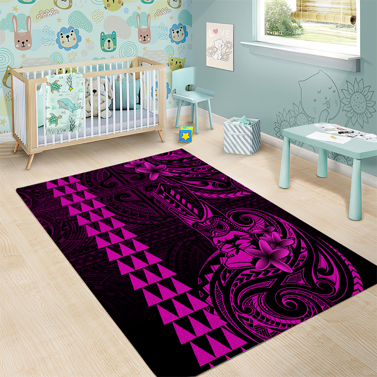 Hawaii Hauoli Makahiki Hou Area Rug Lono Hawaiian God Kakau Polynesian Tribal Pink LT05 - Polynesian Pride