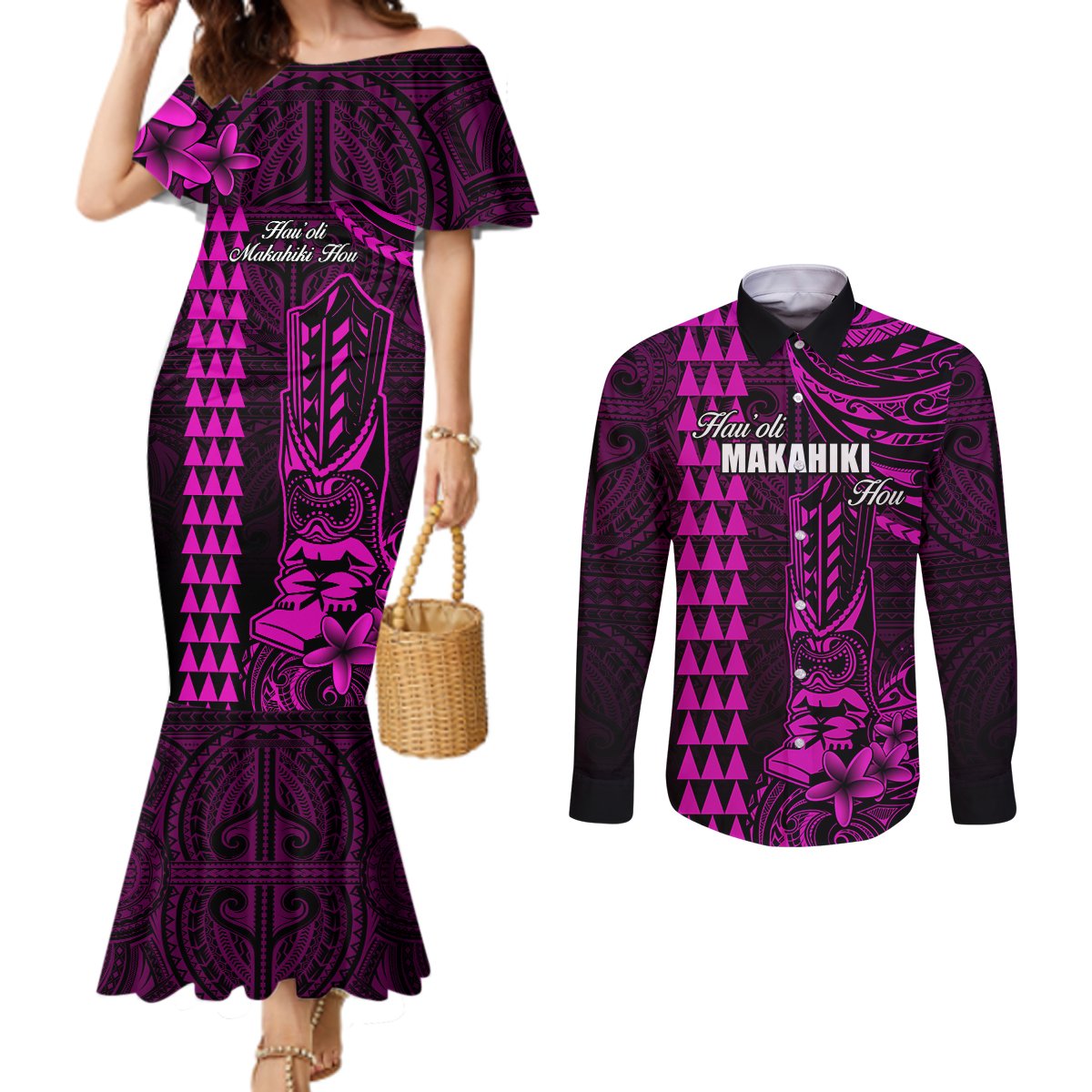 Personalized Hawaii Hauoli Makahiki Hou Couples Matching Mermaid Dress and Long Sleeve Button Shirts Lono Hawaiian God Kakau Polynesian Tribal Pink LT05 Pink - Polynesian Pride