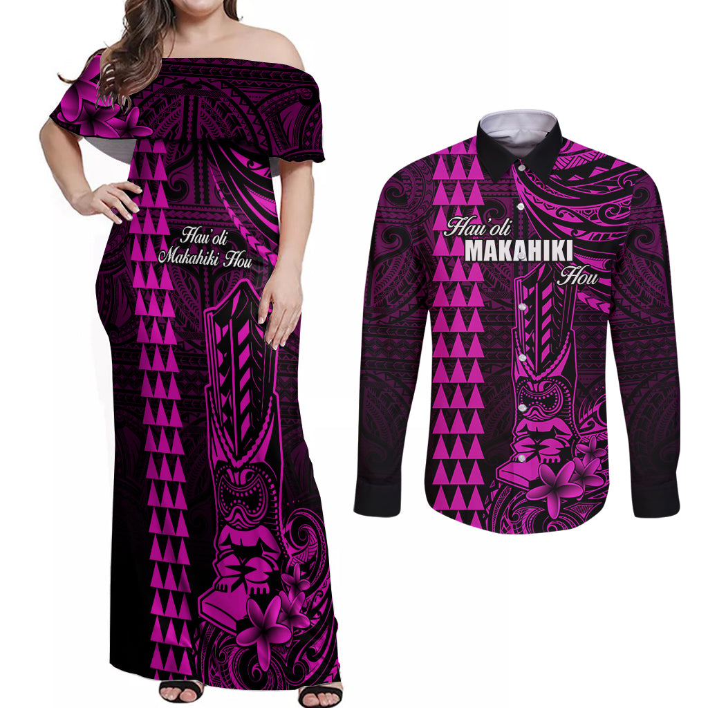 Personalized Hawaii Hauoli Makahiki Hou Couples Matching Off Shoulder Maxi Dress and Long Sleeve Button Shirts Lono Hawaiian God Kakau Polynesian Tribal Pink LT05 Pink - Polynesian Pride