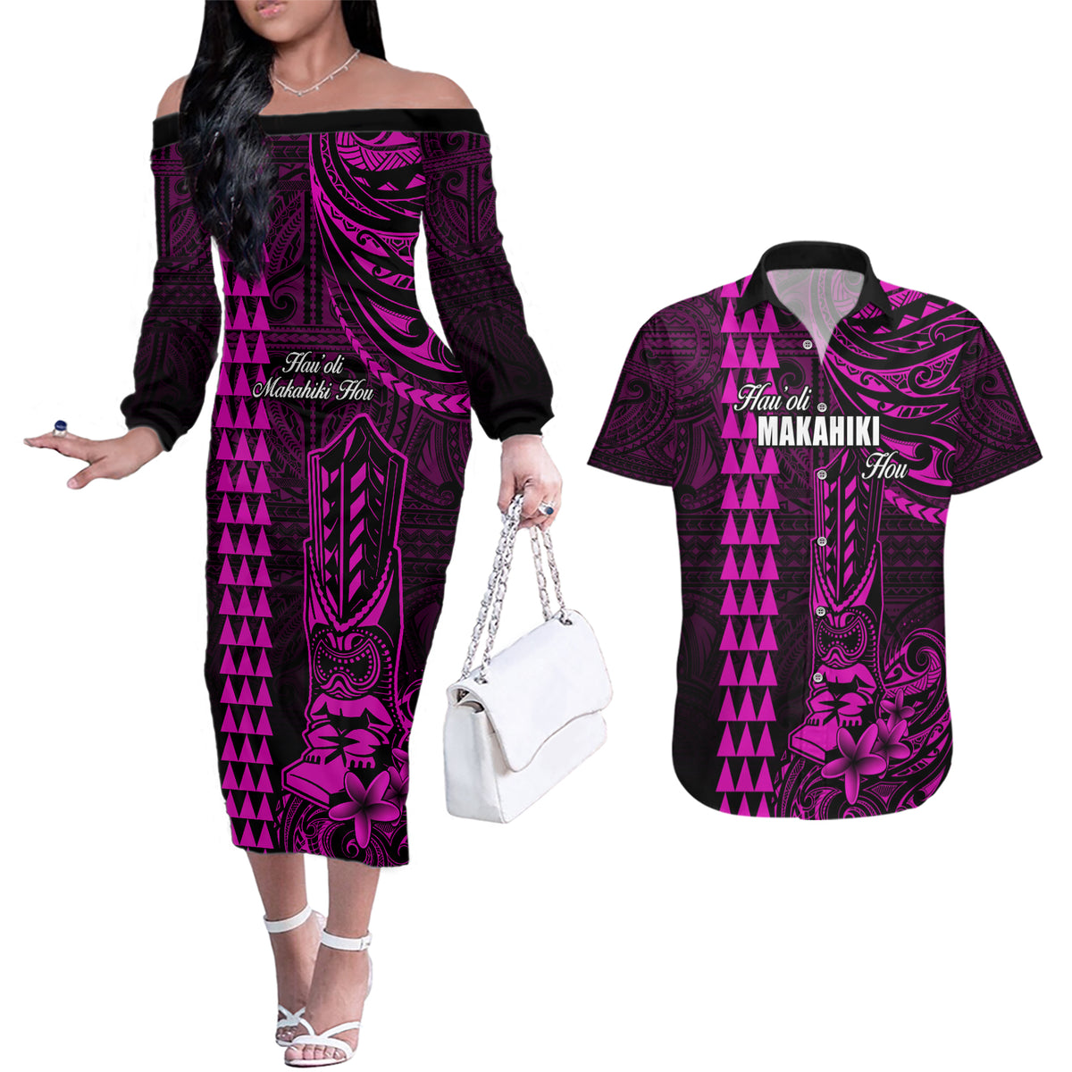 Personalized Hawaii Hauoli Makahiki Hou Couples Matching Off The Shoulder Long Sleeve Dress and Hawaiian Shirt Lono Hawaiian God Kakau Polynesian Tribal Pink LT05 Pink - Polynesian Pride