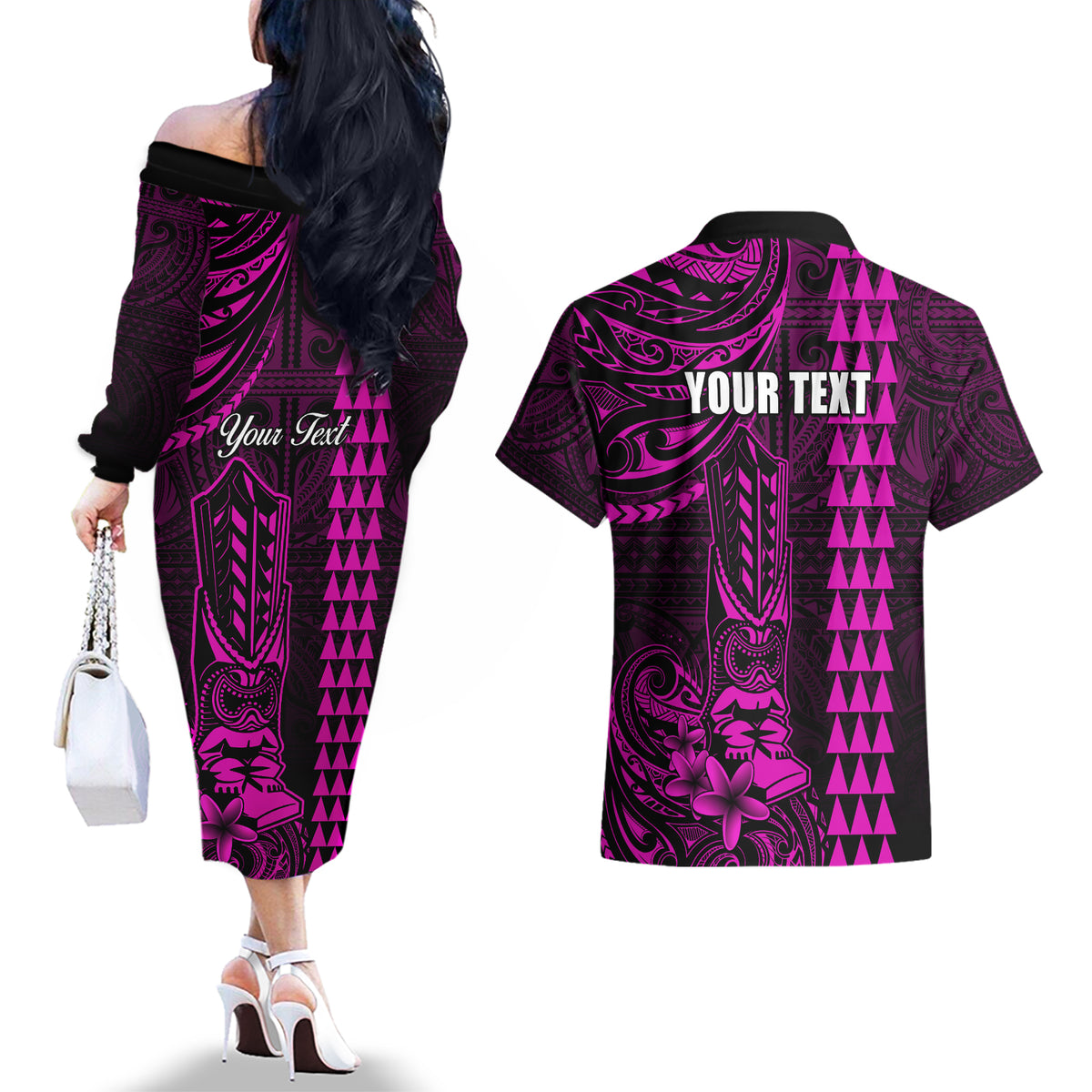 Personalized Hawaii Hauoli Makahiki Hou Couples Matching Off The Shoulder Long Sleeve Dress and Hawaiian Shirt Lono Hawaiian God Kakau Polynesian Tribal Pink LT05 - Polynesian Pride