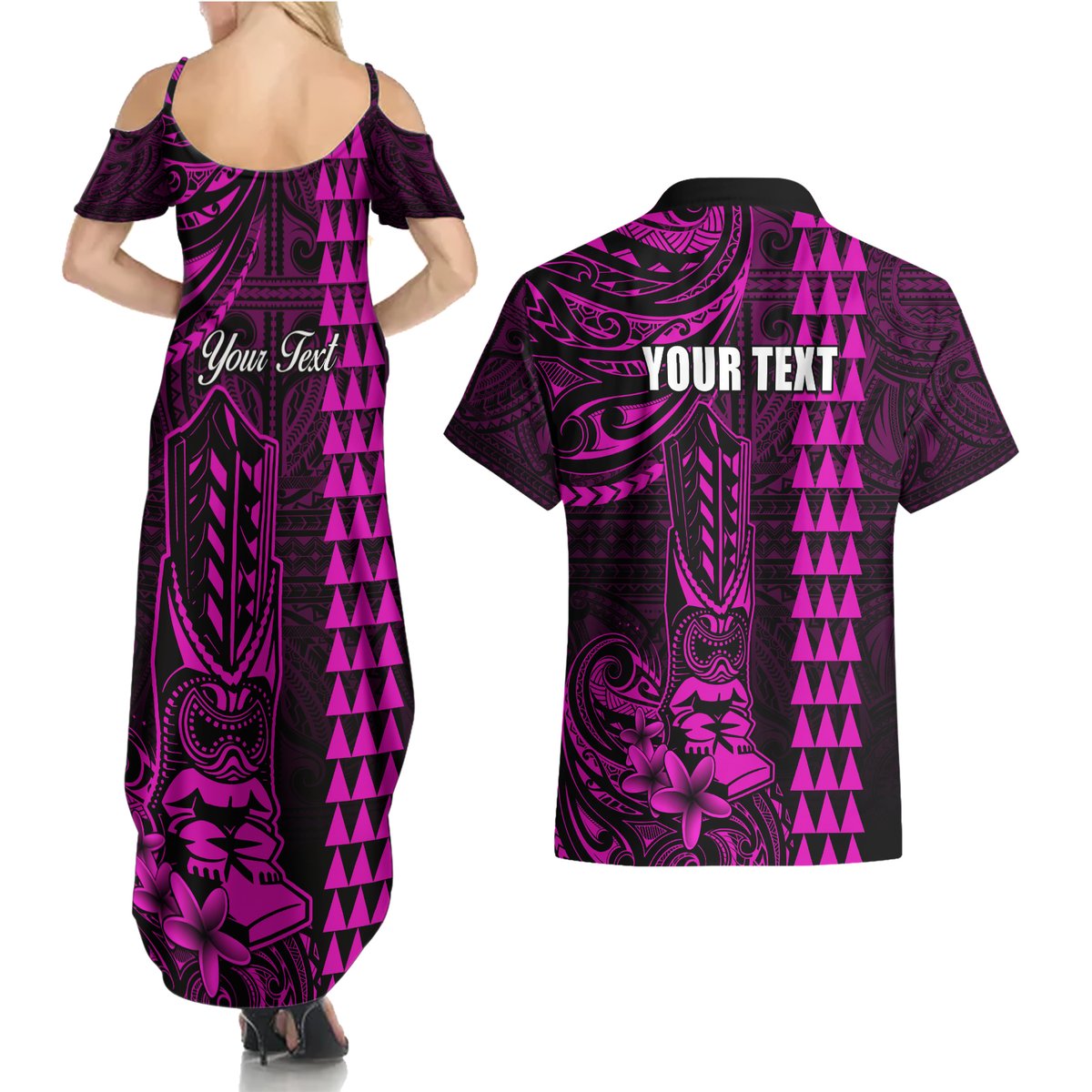 Personalized Hawaii Hauoli Makahiki Hou Couples Matching Summer Maxi Dress and Hawaiian Shirt Lono Hawaiian God Kakau Polynesian Tribal Pink LT05 - Polynesian Pride