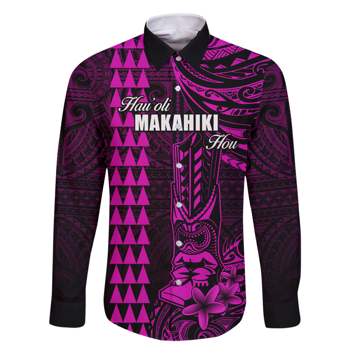 Personalized Hawaii Hauoli Makahiki Hou Family Matching Mermaid Dress and Hawaiian Shirt Lono Hawaiian God Kakau Polynesian Tribal Pink LT05 Dad's Shirt - Long Sleeve Pink - Polynesian Pride