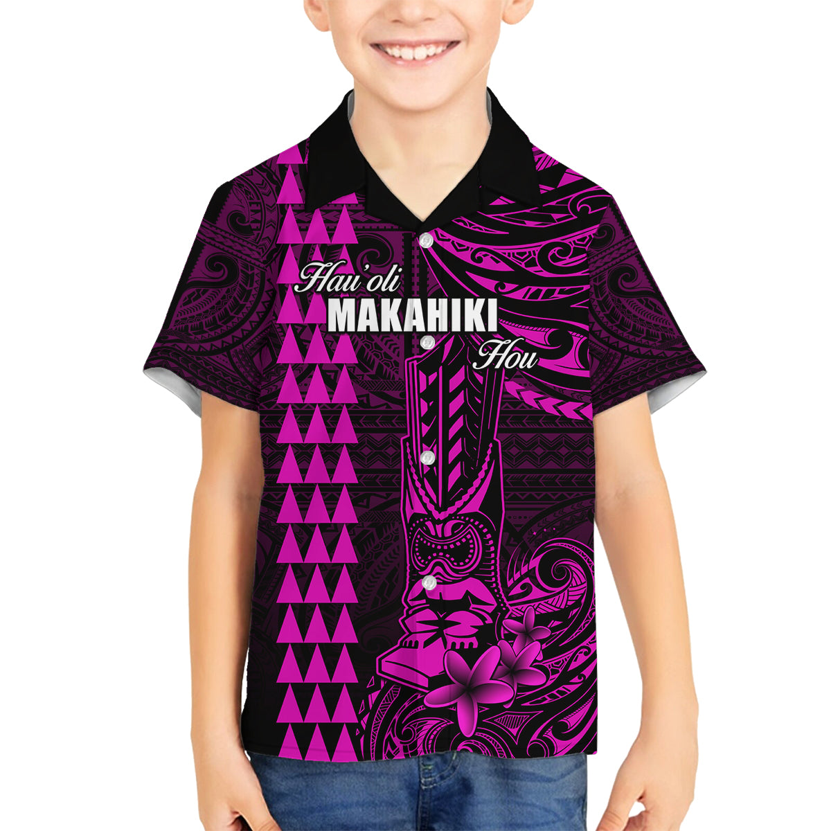 Personalized Hawaii Hauoli Makahiki Hou Family Matching Summer Maxi Dress and Hawaiian Shirt Lono Hawaiian God Kakau Polynesian Tribal Pink LT05 Son's Shirt Pink - Polynesian Pride