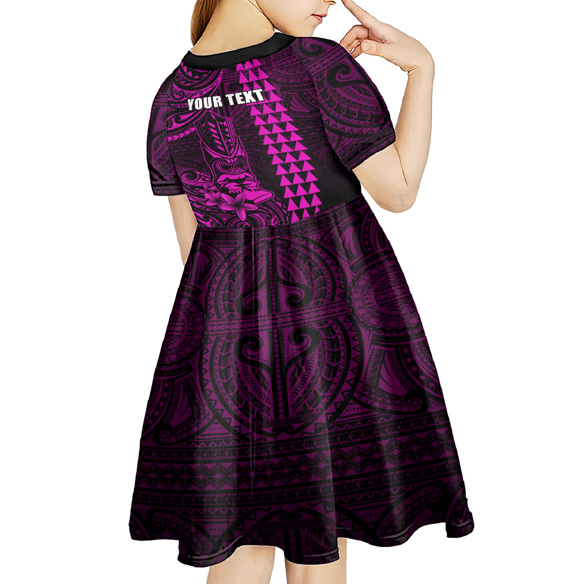 Personalized Hawaii Hauoli Makahiki Hou Kid Short Sleeve Dress Lono Hawaiian God Kakau Polynesian Tribal Pink LT05 - Polynesian Pride