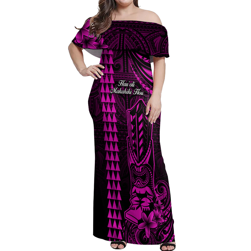 Personalized Hawaii Hauoli Makahiki Hou Off Shoulder Maxi Dress Lono Hawaiian God Kakau Polynesian Tribal Pink LT05 Women Pink - Polynesian Pride