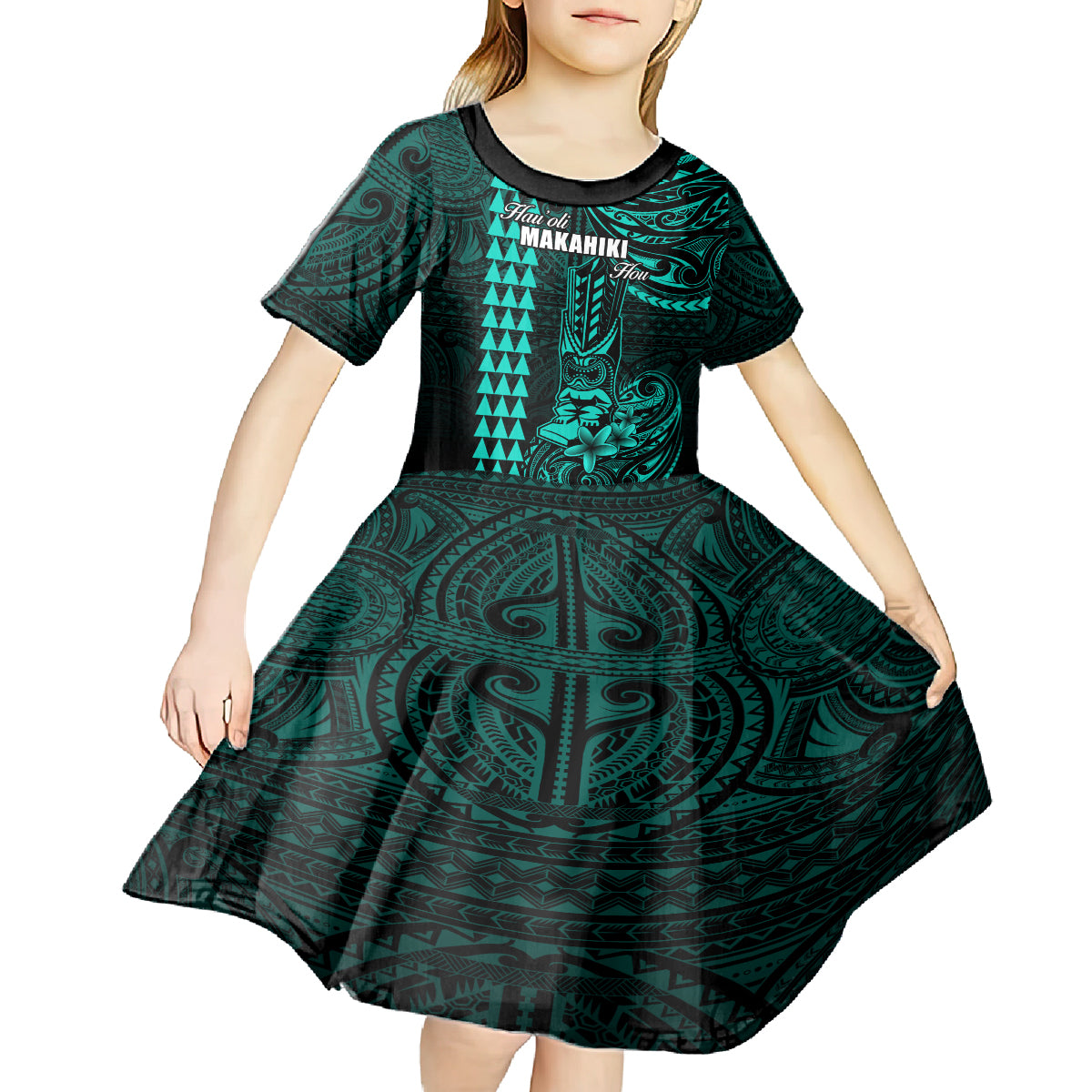 Personalized Hawaii Hauoli Makahiki Hou Kid Short Sleeve Dress Lono Hawaiian God Kakau Polynesian Tribal Turquoise LT05 - Polynesian Pride