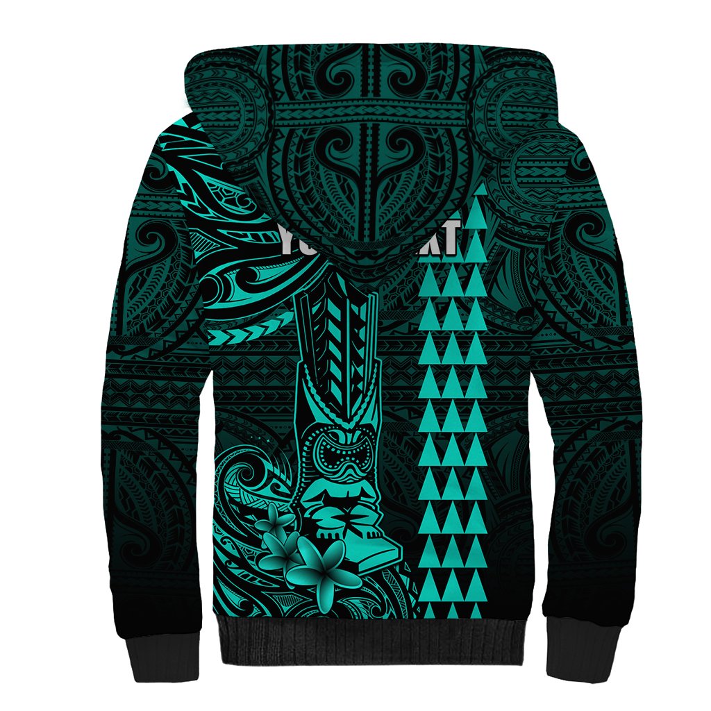 Personalized Hawaii Hauoli Makahiki Hou Sherpa Hoodie Lono Hawaiian God Kakau Polynesian Tribal Turquoise LT05 - Polynesian Pride