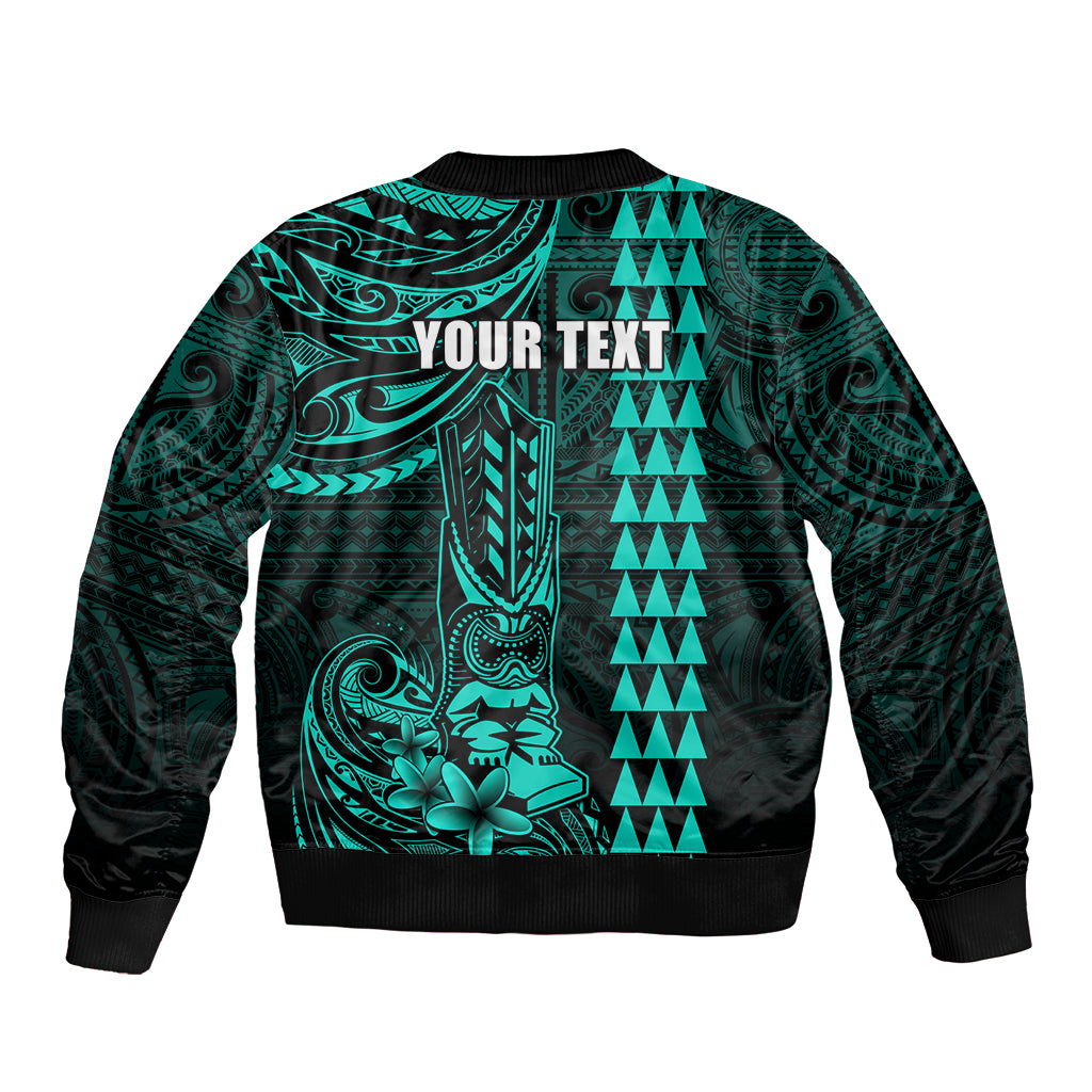 Personalized Hawaii Hauoli Makahiki Hou Sleeve Zip Bomber Jacket Lono Hawaiian God Kakau Polynesian Tribal Turquoise LT05 - Polynesian Pride