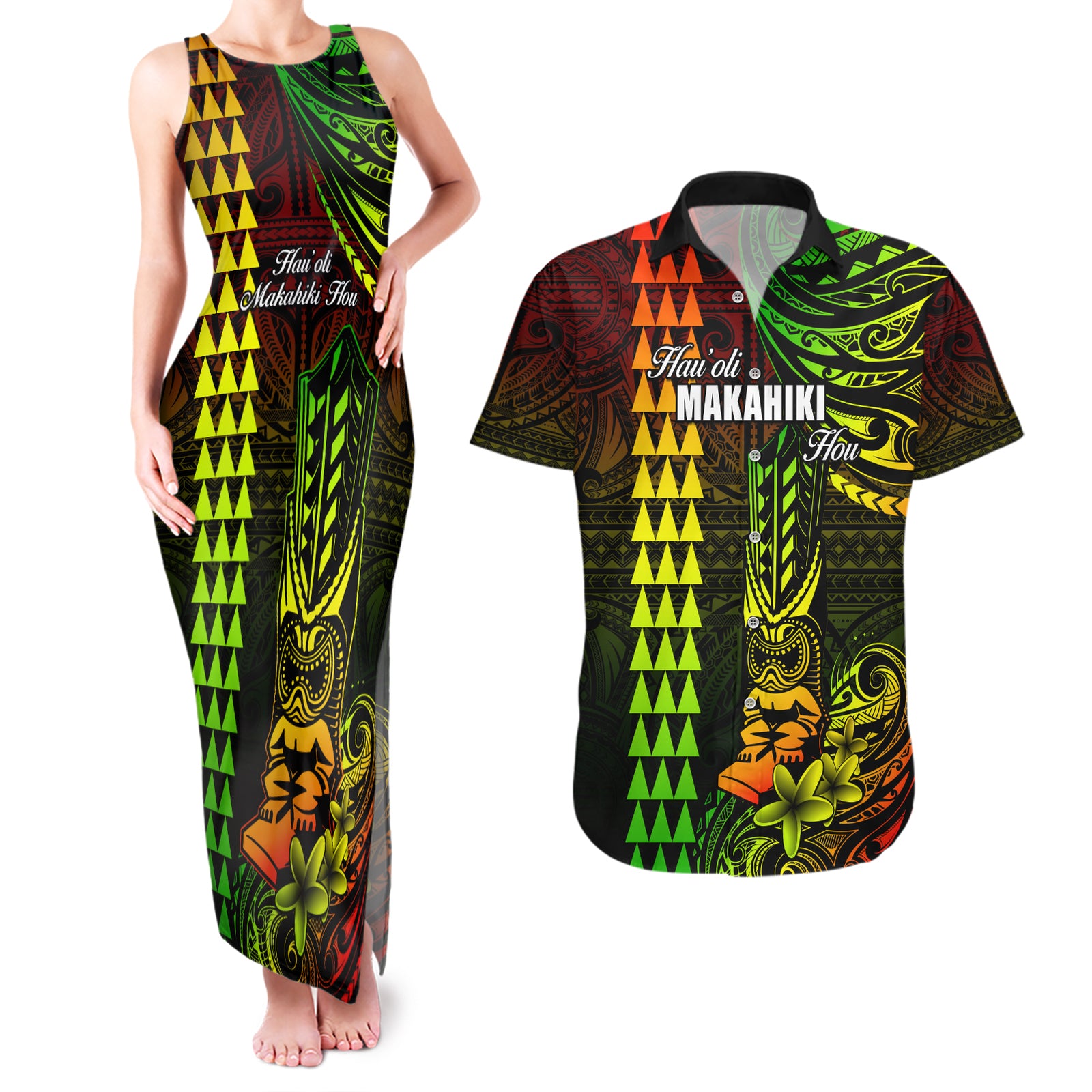 Personalized Hawaii Hauoli Makahiki Hou Couples Matching Tank Maxi Dress and Hawaiian Shirt Lono Hawaiian God Kakau Polynesian Tribal Reggae LT05 Reggae - Polynesian Pride