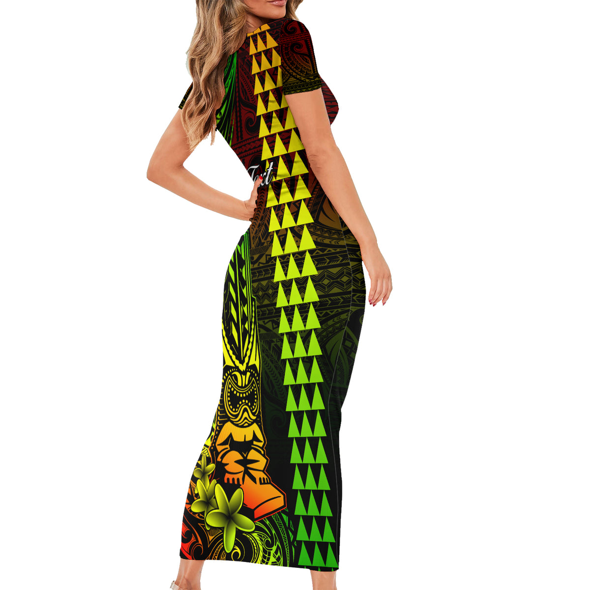Personalized Hawaii Hauoli Makahiki Hou Short Sleeve Bodycon Dress Lono Hawaiian God Kakau Polynesian Tribal Reggae LT05 - Polynesian Pride