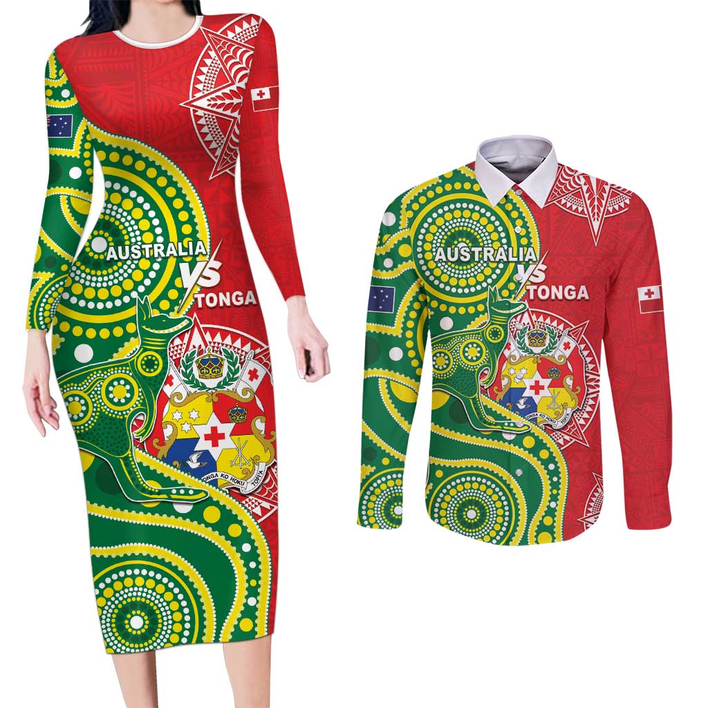 Custom Tonga Australia Rugby Couples Matching Long Sleeve Bodycon Dress and Long Sleeve Button Shirt Kangaroos And Tonga Mate Maa Together
