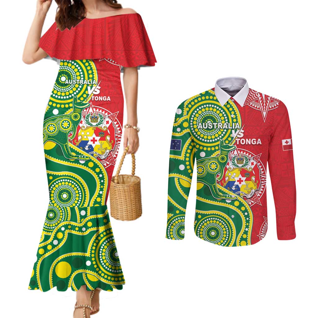 Custom Tonga Australia Rugby Couples Matching Mermaid Dress and Long Sleeve Button Shirt Kangaroos And Tonga Mate Maa Together
