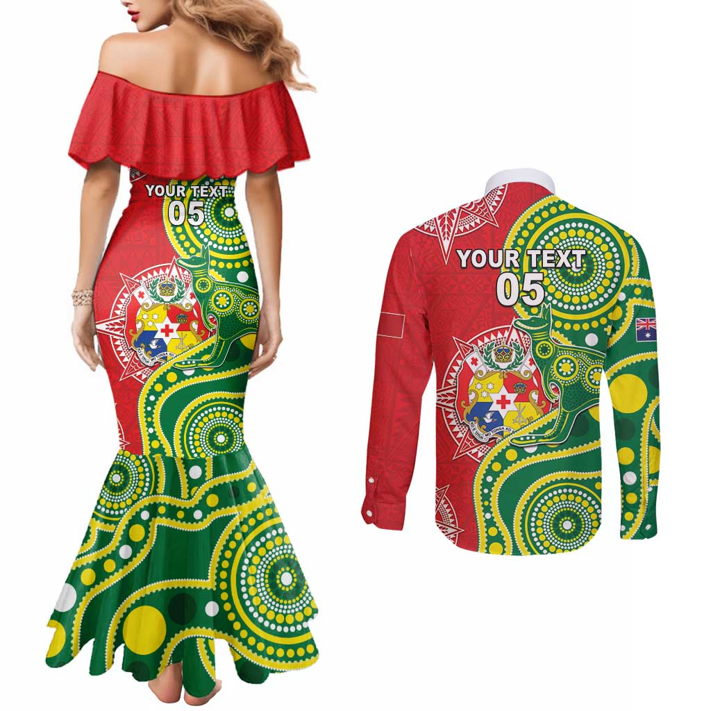 Custom Tonga Australia Rugby Couples Matching Mermaid Dress and Long Sleeve Button Shirt Kangaroos And Tonga Mate Maa Together