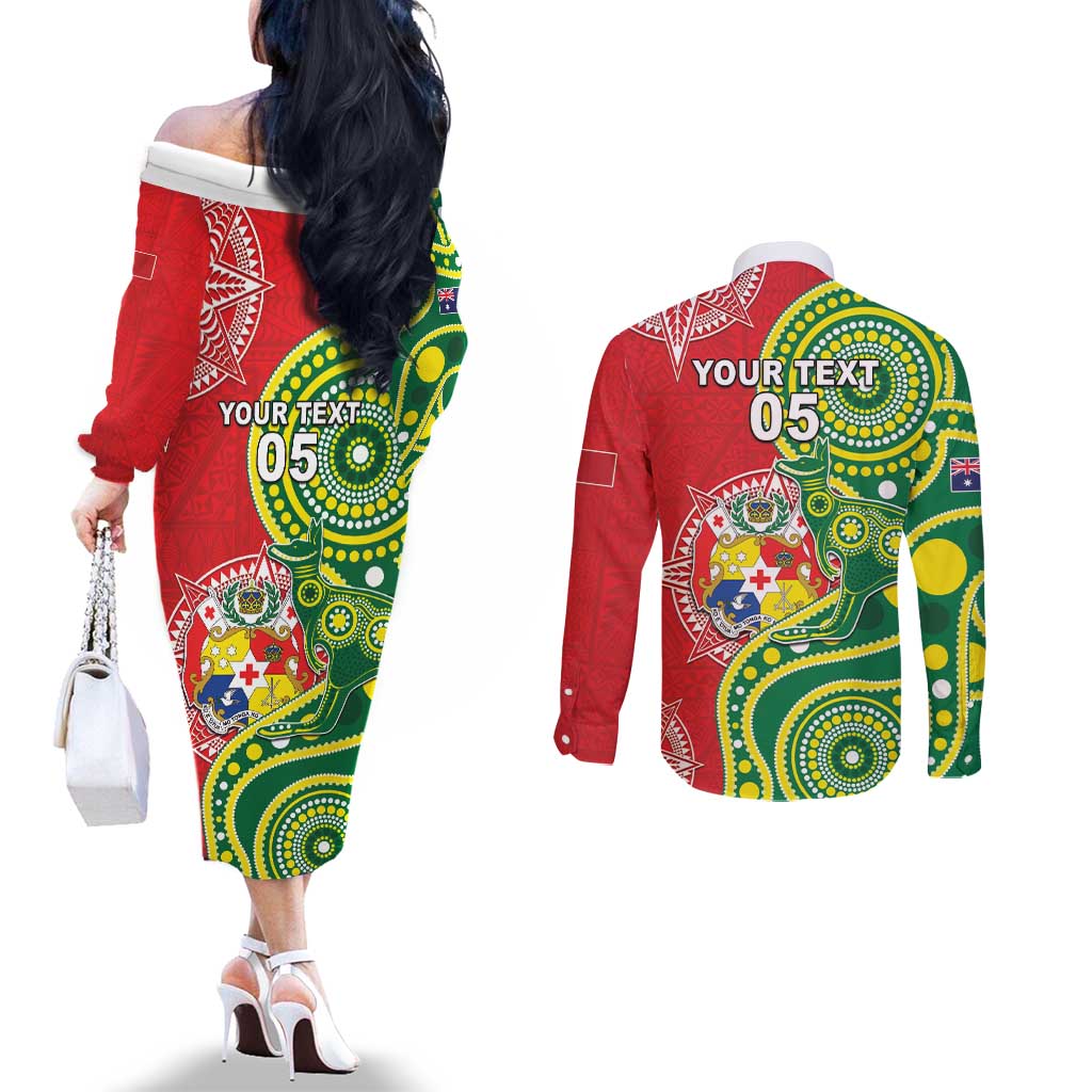 Custom Tonga Australia Rugby Couples Matching Off The Shoulder Long Sleeve Dress and Long Sleeve Button Shirt Kangaroos And Tonga Mate Maa Together