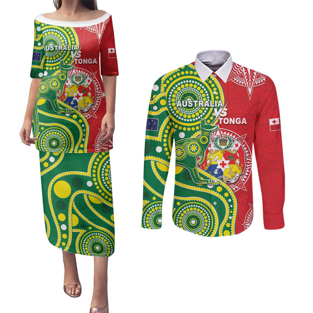 Custom Tonga Australia Rugby Couples Matching Puletasi and Long Sleeve Button Shirt Kangaroos And Tonga Mate Maa Together