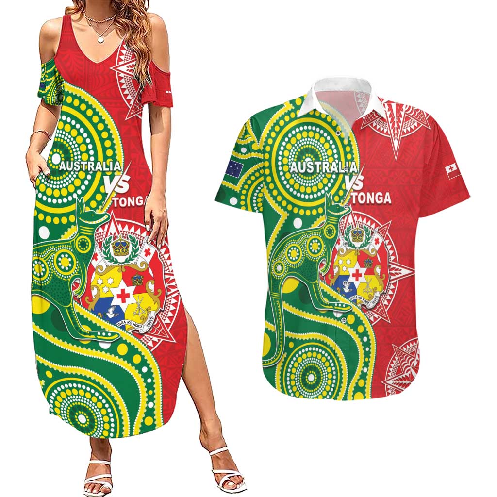Custom Tonga Australia Rugby Couples Matching Summer Maxi Dress and Hawaiian Shirt Kangaroos And Tonga Mate Maa Together