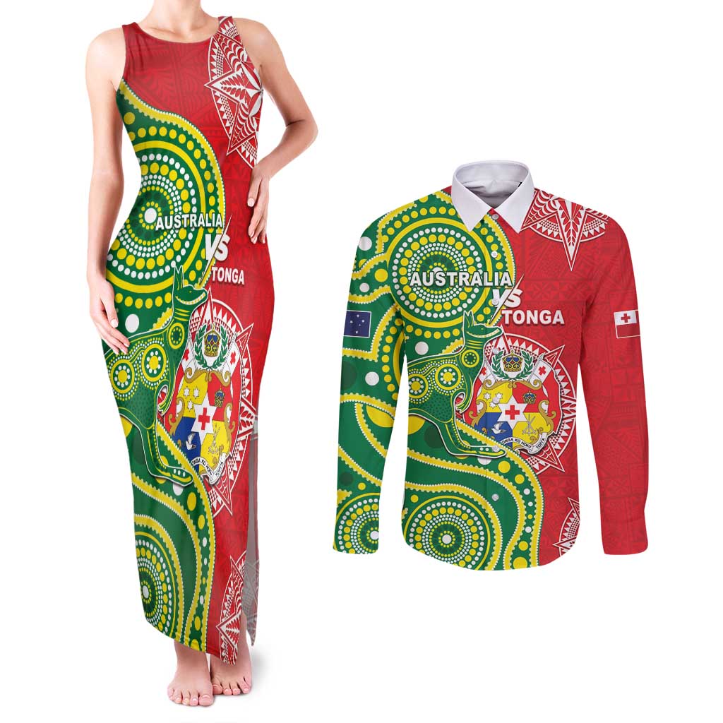 Custom Tonga Australia Rugby Couples Matching Tank Maxi Dress and Long Sleeve Button Shirt Kangaroos And Tonga Mate Maa Together