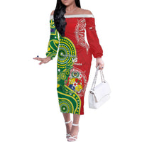 Custom Tonga Australia Rugby Family Matching Off The Shoulder Long Sleeve Dress and Hawaiian Shirt Kangaroos And Tonga Mate Maa Together LT05 Mom's Dress Green - Polynesian Pride