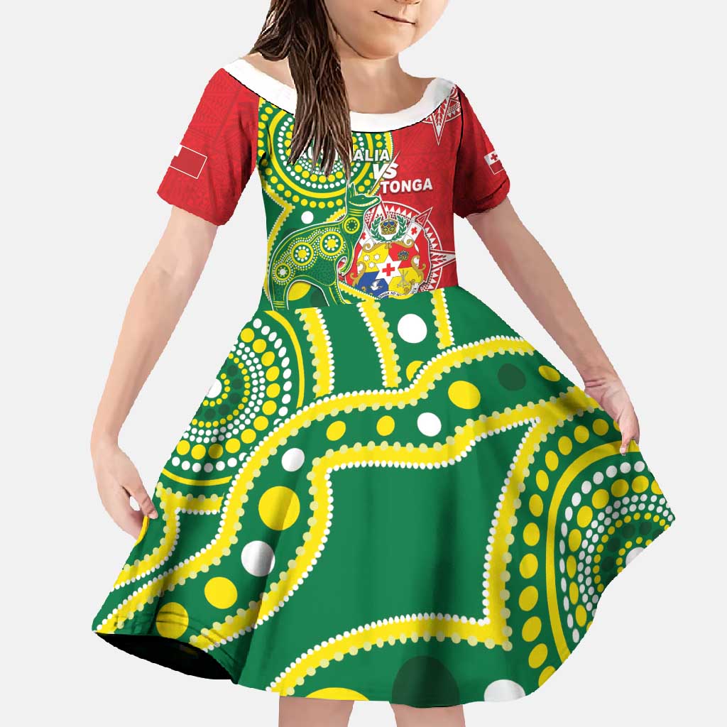 Custom Tonga Australia Rugby Family Matching Off Shoulder Maxi Dress and Hawaiian Shirt Kangaroos And Tonga Mate Maa Together LT05 Daughter's Dress Green - Polynesian Pride