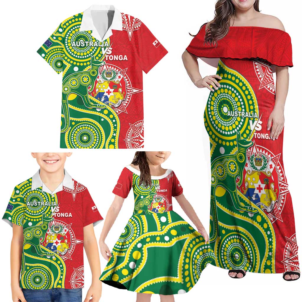 Custom Tonga Australia Rugby Family Matching Off Shoulder Maxi Dress and Hawaiian Shirt Kangaroos And Tonga Mate Maa Together LT05 - Polynesian Pride
