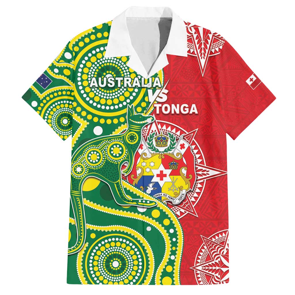 Custom Tonga Australia Rugby Family Matching Off Shoulder Maxi Dress and Hawaiian Shirt Kangaroos And Tonga Mate Maa Together LT05 Dad's Shirt - Short Sleeve Green - Polynesian Pride
