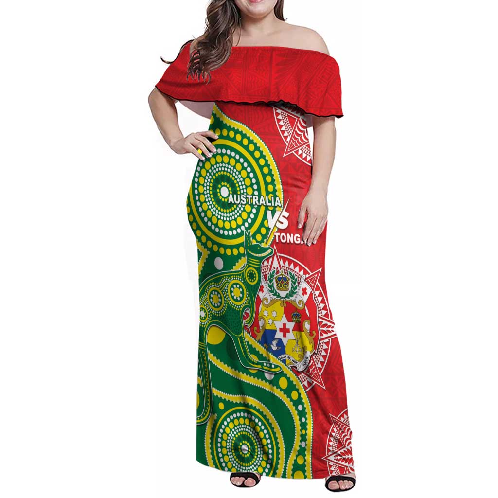Custom Tonga Australia Rugby Family Matching Off Shoulder Maxi Dress and Hawaiian Shirt Kangaroos And Tonga Mate Maa Together LT05 Mom's Dress Green - Polynesian Pride