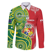 Custom Tonga Australia Rugby Family Matching Off Shoulder Short Dress and Hawaiian Shirt Kangaroos And Tonga Mate Maa Together LT05 Dad's Shirt - Long Sleeve Green - Polynesian Pride