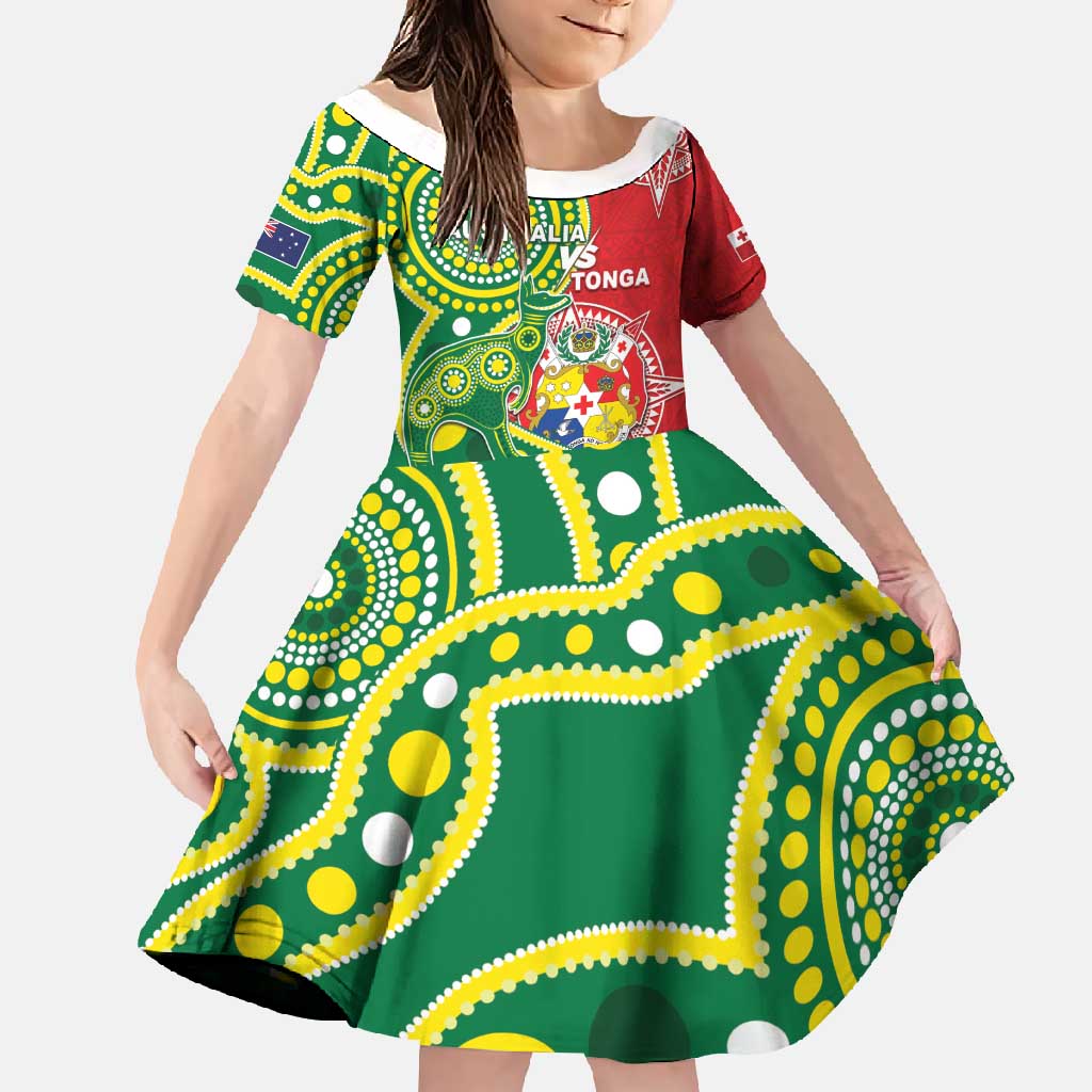 Custom Tonga Australia Rugby Family Matching Tank Maxi Dress and Hawaiian Shirt Kangaroos And Tonga Mate Maa Together LT05 Daughter's Dress Green - Polynesian Pride
