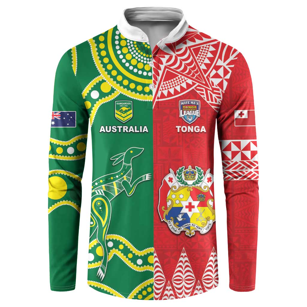 Custom Tonga XIII And Australia Kangaroos Button Sweatshirt Mate Maa Tongan Ngatu With Aboriginal