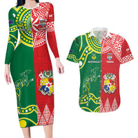 Custom Tonga XIII And Australia Kangaroos Couples Matching Long Sleeve Bodycon Dress and Hawaiian Shirt Mate Maa Tongan Ngatu With Aboriginal LT05 Red - Polynesian Pride