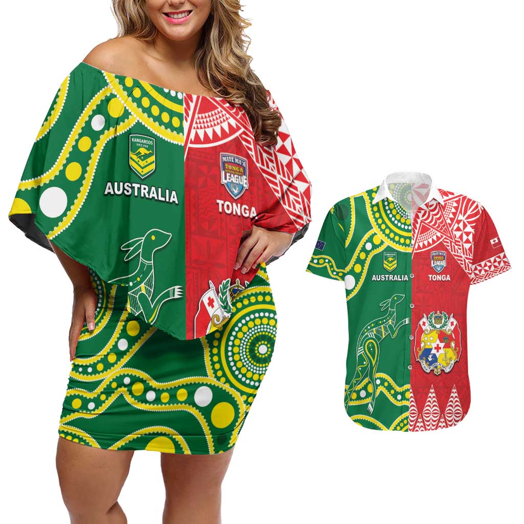 Custom Tonga XIII And Australia Kangaroos Couples Matching Off Shoulder Short Dress and Hawaiian Shirt Mate Maa Tongan Ngatu With Aboriginal LT05 Red - Polynesian Pride