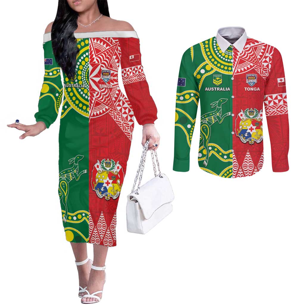 Custom Tonga XIII And Australia Kangaroos Couples Matching Off The Shoulder Long Sleeve Dress and Long Sleeve Button Shirt Mate Maa Tongan Ngatu With Aboriginal