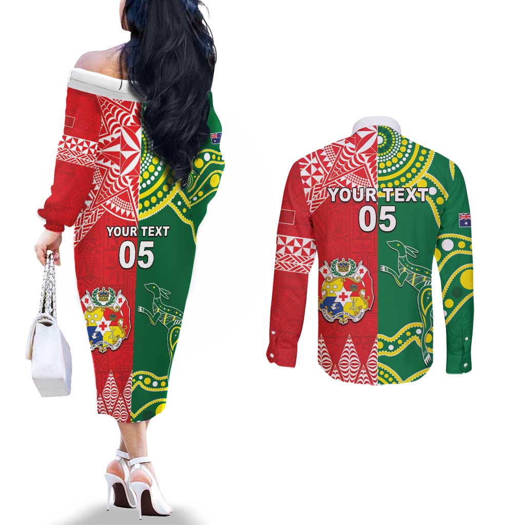 Custom Tonga XIII And Australia Kangaroos Couples Matching Off The Shoulder Long Sleeve Dress and Long Sleeve Button Shirt Mate Maa Tongan Ngatu With Aboriginal