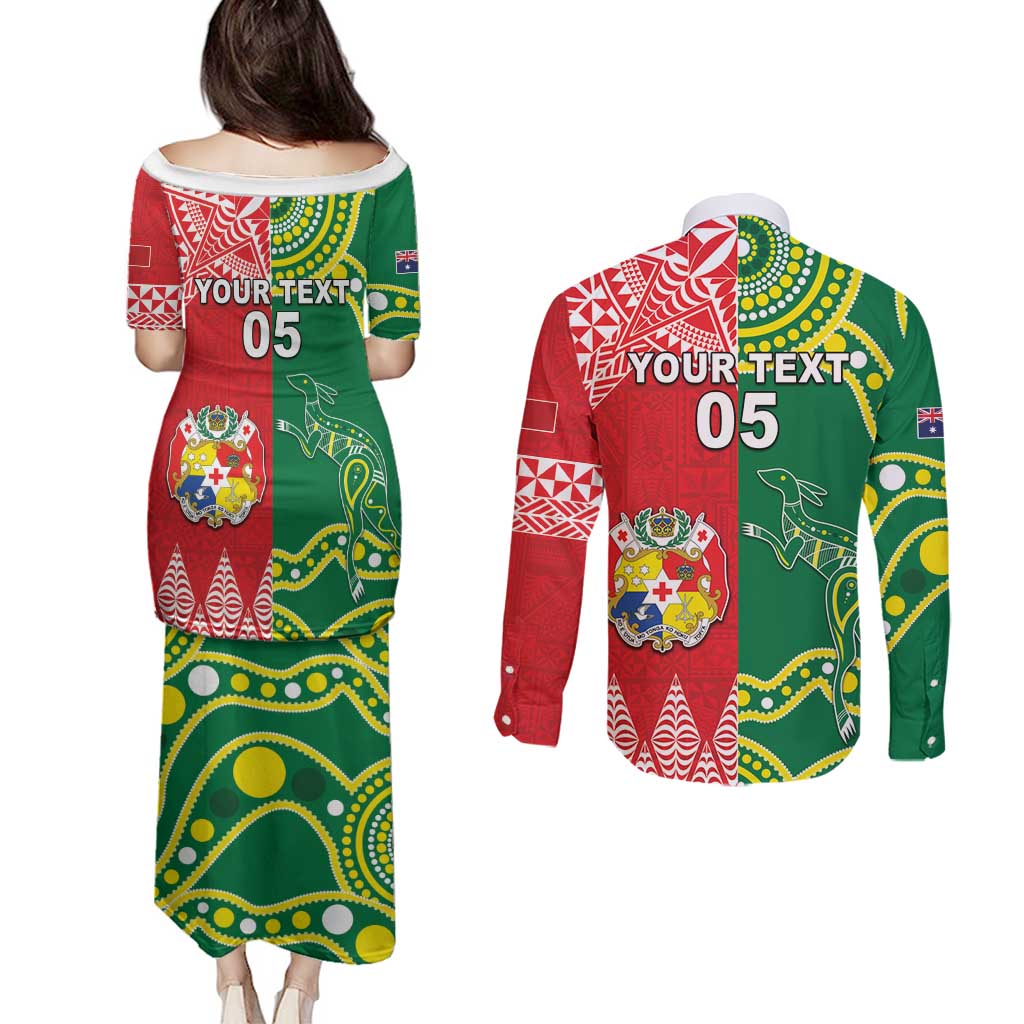 Custom Tonga XIII And Australia Kangaroos Couples Matching Puletasi and Long Sleeve Button Shirt Mate Maa Tongan Ngatu With Aboriginal